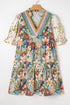Multicolour Boho Floral Print Crochet Patchwork V Neck Loose Mini Dress